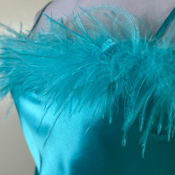 Thirty Thirty Slip Dress MEDIUM Blue Party Feather Trim Mini Going Out Cocktail - Picture 8 of 13